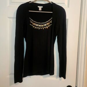 Cache black knit ls top with ornate beaded scoop neck M